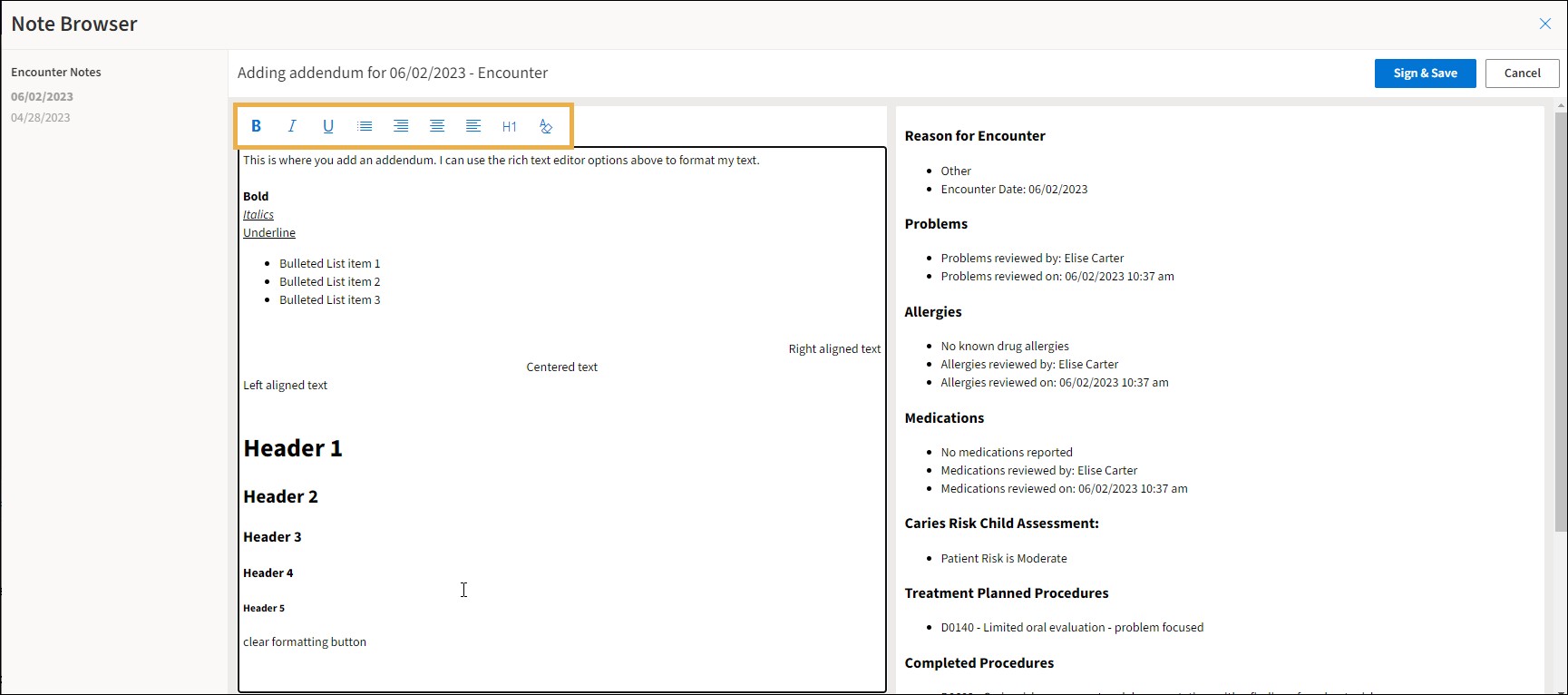 Note Browser window showing the text editor and the formatting options.